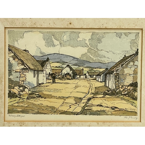 140 - A signed print by Theo. J. Gracey. Galway Cottages. 31x26cm