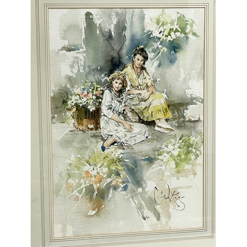 142 - A large watercolour by Gordon King. Girls seated with flowers. 38x55cm. Frame 69.5x86.5cm