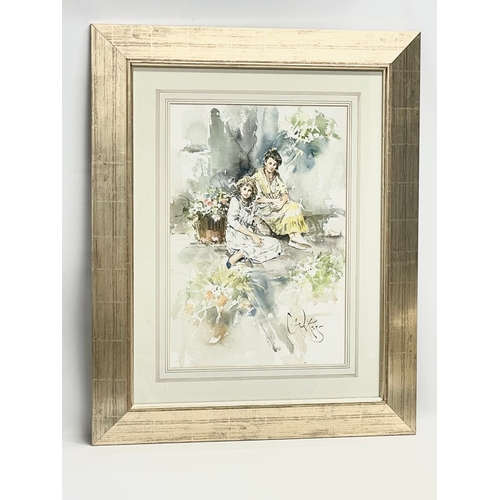 142 - A large watercolour by Gordon King. Girls seated with flowers. 38x55cm. Frame 69.5x86.5cm