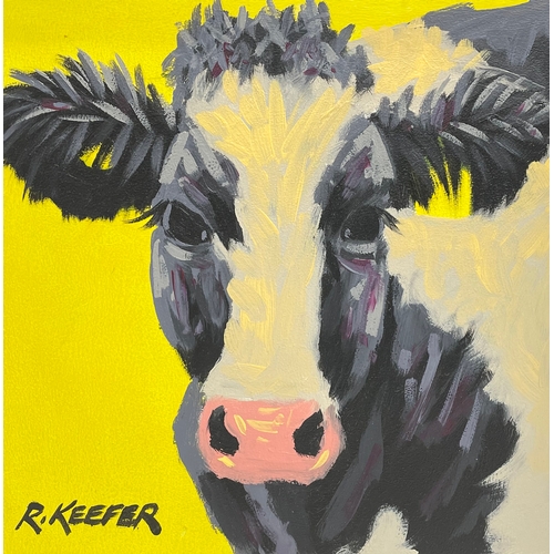 143 - An oil painting on board by Ron Keefer. The Cow in Yellow. 29.5x29.5cm. Frame 38x38.5cm