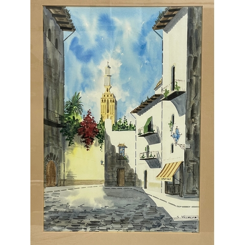 251 - A watercolour of a Spanish street scene. By S. Villalva. 33.5x48cm. Frame 49.5x65.5cm