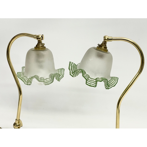 82 - A pair of good quality Christopher Wray brass swan neck adjustable table lamps with frilled glass sh... 