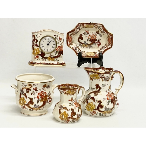 224 - 5 pieces of Mason’s ‘Brown Velvet’ mantle clock 13x13cm. Jardiniere 17x14x12cm. Largest jug 14x16cm.