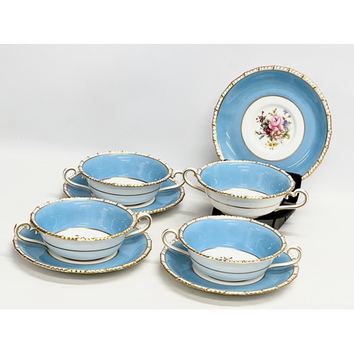 92 - 4 1940’s Royal Crown Derby turquoise and gilt soup bowls with saucers.