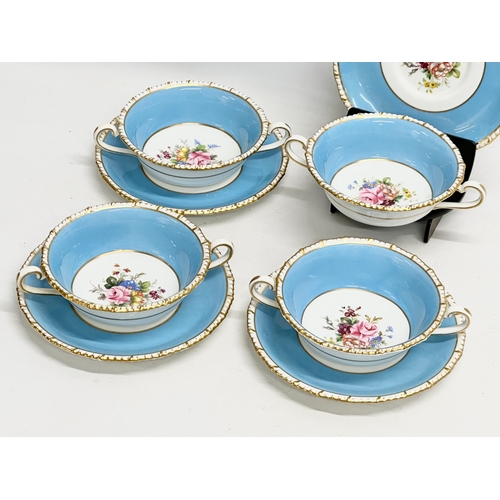 92 - 4 1940’s Royal Crown Derby turquoise and gilt soup bowls with saucers.