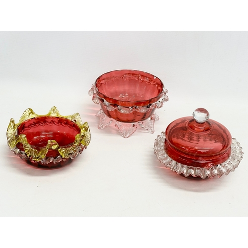 102 - 3 Victorian Ruby Glass bowls. 15x8cm