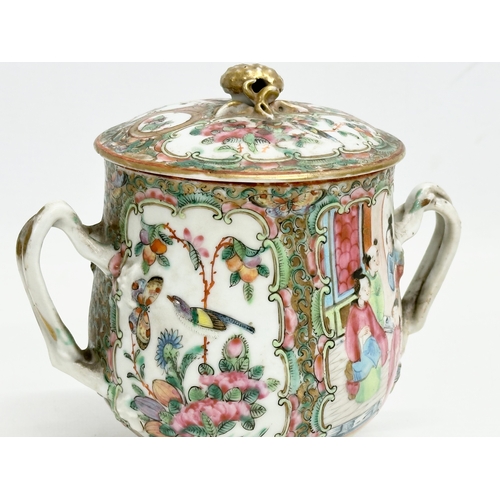 65 - A 7 piece mid/late 19th century Chinese Canton Famille Rose tea service. Teapot, 2 handled sugar bow... 