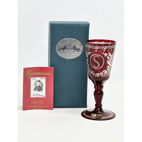 173 - A vintage Egermann etched Ruby wine glass with box. 17.5cm