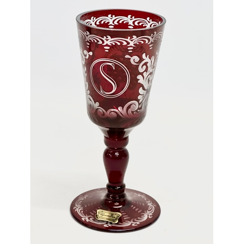 173 - A vintage Egermann etched Ruby wine glass with box. 17.5cm