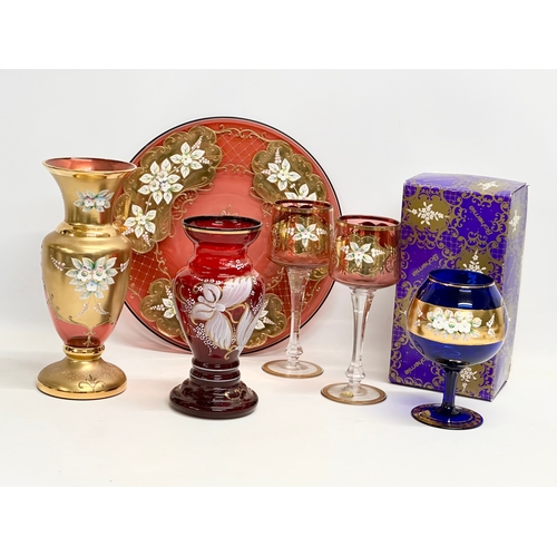 172 - A good collection of vintage Bohemian Glass. A Ruby Glass and gilt vase 26cm. A cake tray 30.5cm. A ... 