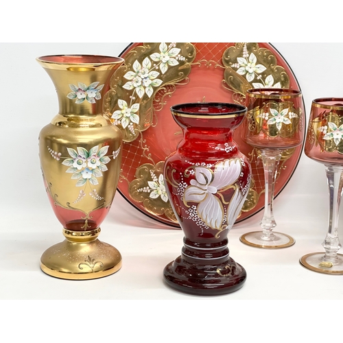 172 - A good collection of vintage Bohemian Glass. A Ruby Glass and gilt vase 26cm. A cake tray 30.5cm. A ... 