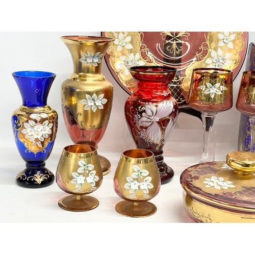 172 - A good collection of vintage Bohemian Glass. A Ruby Glass and gilt vase 26cm. A cake tray 30.5cm. A ... 