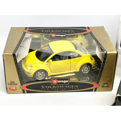 582 - 3 large Burago model cars in boxes. A Gold Collection Burago Volkswagen New Beatle 1998, 1/18 scale ... 