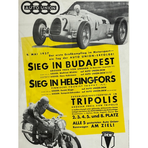 394 - A 1989 reprint of the 1937 Auto Union racing poster. DKW. W-K-Verlag, West Germany. 50x70cm