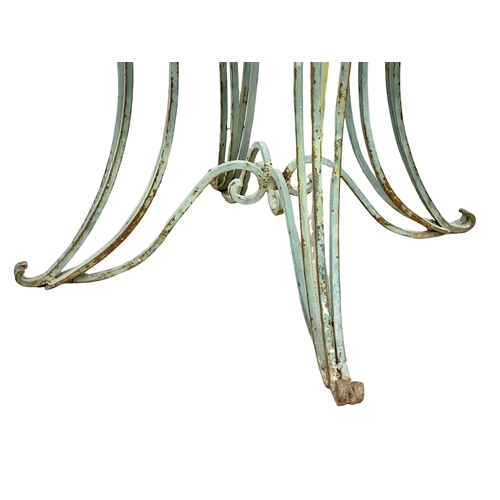 1172 - A large late 19th century French wrought iron garden centre table with marble top. 101x99.5cm (11)