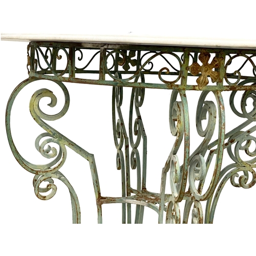 1172 - A large late 19th century French wrought iron garden centre table with marble top. 101x99.5cm (11)