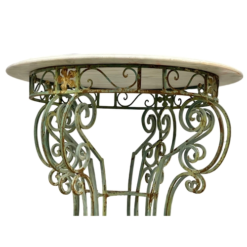 1172 - A large late 19th century French wrought iron garden centre table with marble top. 101x99.5cm (11)