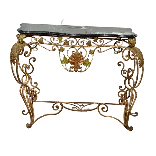 1173 - A late 19th century French wrought iron console table with marble top. 116x45x91cm