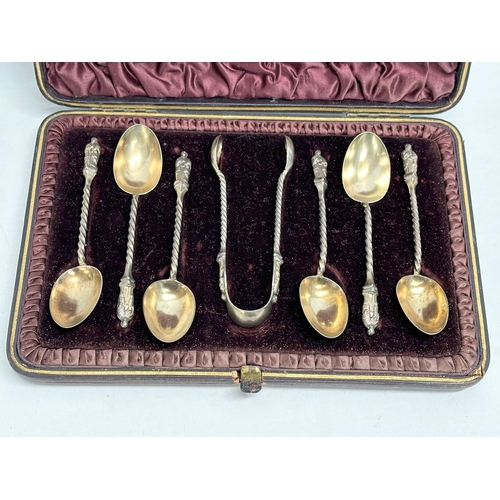 A set of silver apostle spoons and tongs in case. Birmingham. 80 grams.