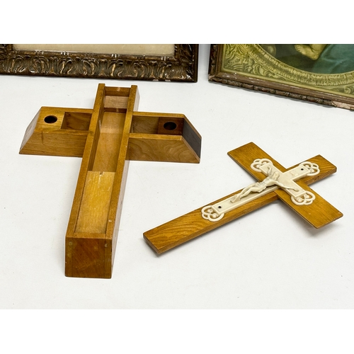 211F - 2 early 20th century religious icon prints and a crucifix.