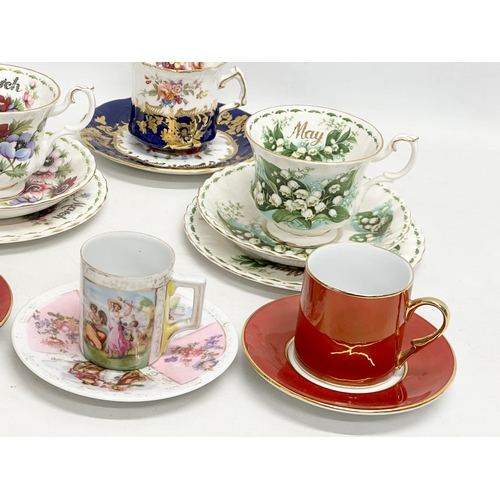 299G - A collection of tea cups and saucers. A Hammersley & Co gilt and flower motif pattern (damaged) a Ro... 