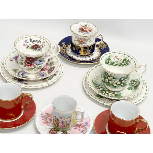 299G - A collection of tea cups and saucers. A Hammersley & Co gilt and flower motif pattern (damaged) a Ro... 