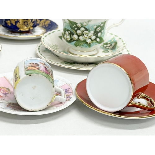 299G - A collection of tea cups and saucers. A Hammersley & Co gilt and flower motif pattern (damaged) a Ro... 