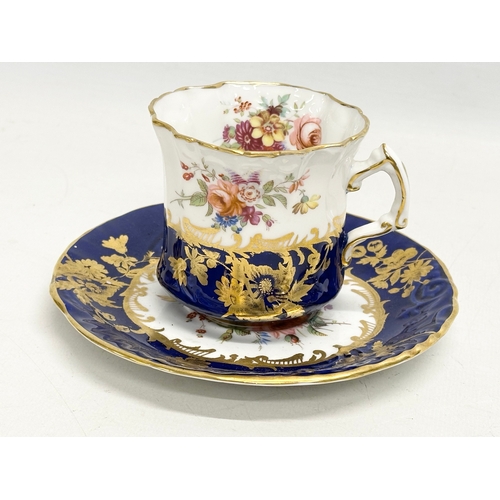 299G - A collection of tea cups and saucers. A Hammersley & Co gilt and flower motif pattern (damaged) a Ro... 