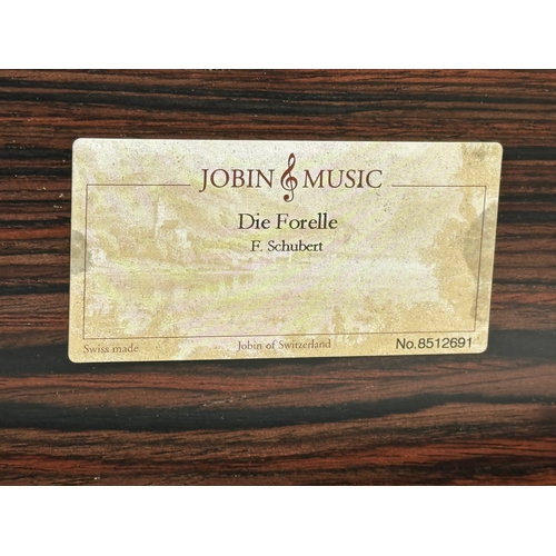 211H - A Jobin Die Forelle inlaid music jewellery box with cover. 30x14x7cm