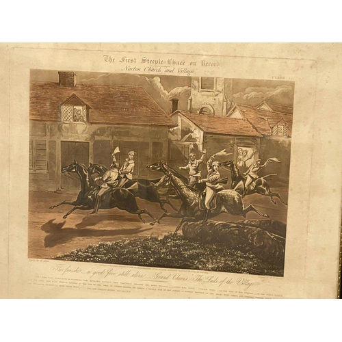 299W - 2 sets of late 19th century engravings. 4 The First Steeple Chase on Record 55x48cm. 2 Hunting 50.5x... 