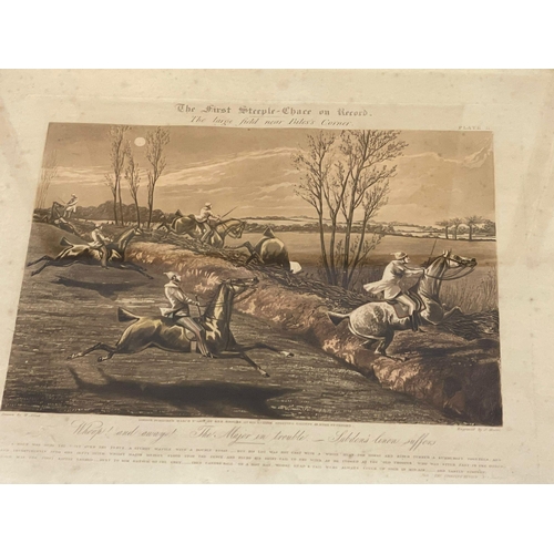 299W - 2 sets of late 19th century engravings. 4 The First Steeple Chase on Record 55x48cm. 2 Hunting 50.5x... 