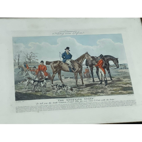 299W - 2 sets of late 19th century engravings. 4 The First Steeple Chase on Record 55x48cm. 2 Hunting 50.5x... 