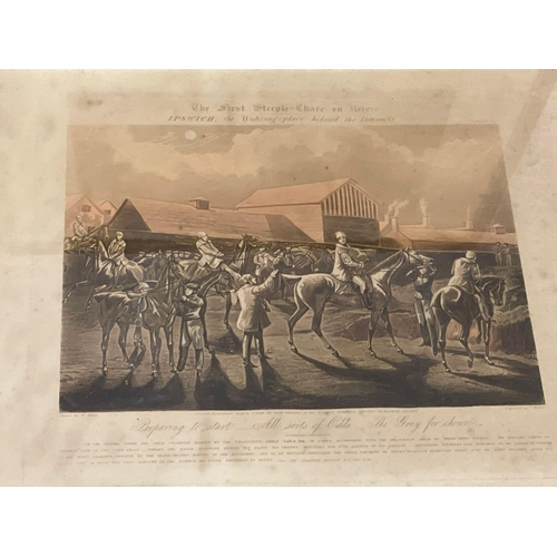 299W - 2 sets of late 19th century engravings. 4 The First Steeple Chase on Record 55x48cm. 2 Hunting 50.5x... 