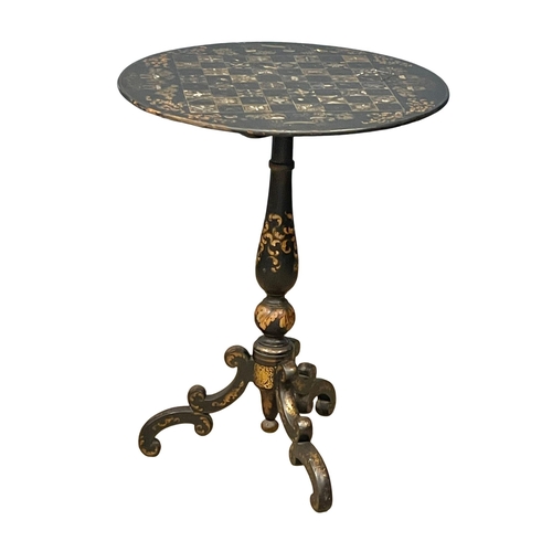 1045 - A Victorian hand painted lacquered pedestal table with chinoiserie decoration. 57x72cm (4)