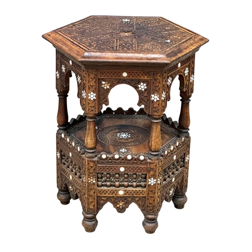 1061 - A late 19th century Burmese carved teak end table with bone inlay. Circa 1880-1890. 39.5x53cm (6)