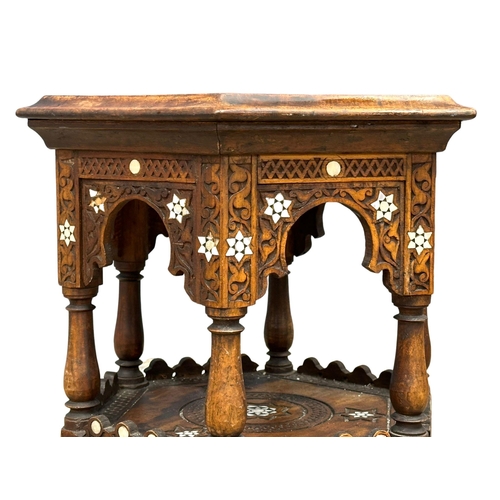 1061 - A late 19th century Burmese carved teak end table with bone inlay. Circa 1880-1890. 39.5x53cm (6)