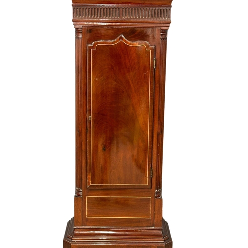 1085 - A George III inlaid mahogany long case clock with painted dial and reeded half columns on bracket fe... 