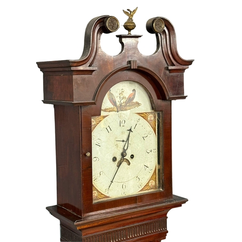 1085 - A George III inlaid mahogany long case clock with painted dial and reeded half columns on bracket fe... 