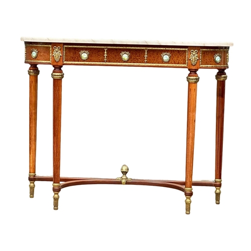 1100 - A Louis XV style simulated ambryna console table with brass ormolu mounts and marble top. 96x31x77cm... 