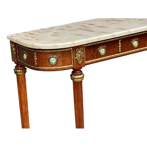 1100 - A Louis XV style simulated ambryna console table with brass ormolu mounts and marble top. 96x31x77cm... 