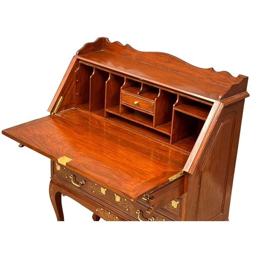 1111 - A mahogany writing bureau with brass inlay and brass handles, on cabriole legs. 91x37x110cm (5)