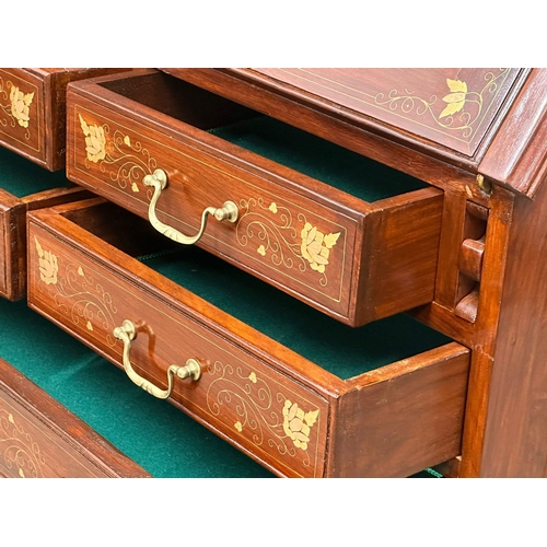 1111 - A mahogany writing bureau with brass inlay and brass handles, on cabriole legs. 91x37x110cm (5)