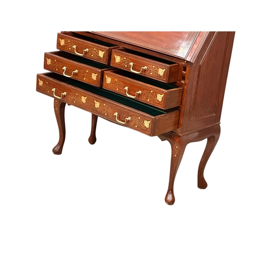 1111 - A mahogany writing bureau with brass inlay and brass handles, on cabriole legs. 91x37x110cm (5)