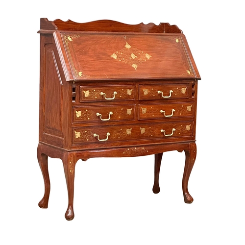 1111 - A mahogany writing bureau with brass inlay and brass handles, on cabriole legs. 91x37x110cm (5)