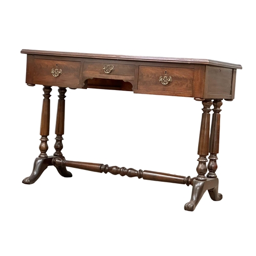 1138 - A large late Victorian mahogany side table with 3 drawers, stretcher support on paw feet. Circa 1890... 