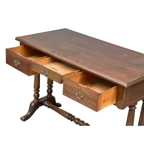 1138 - A large late Victorian mahogany side table with 3 drawers, stretcher support on paw feet. Circa 1890... 