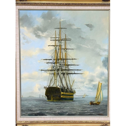 211J - A large oil painting of an 18th century sailing ship. Signed C. Rein. 49.5x60.5cm. Frame 64.5x75cm