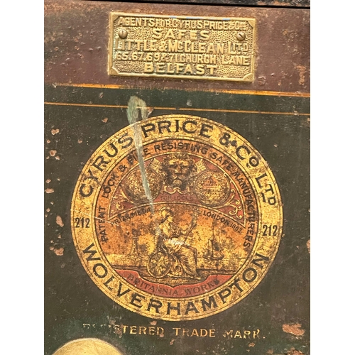 65G - An early 20th century safe. Cyrus Price & Co LTD, Wolverhampton. Little & McClean LTD, Belfast. 51x5... 