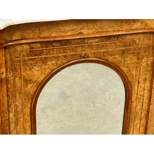 807 - A Victorian inlaid Burr Walnut credenza with marble top and 5 mirrored panels. 151x49x87.5cm (1)