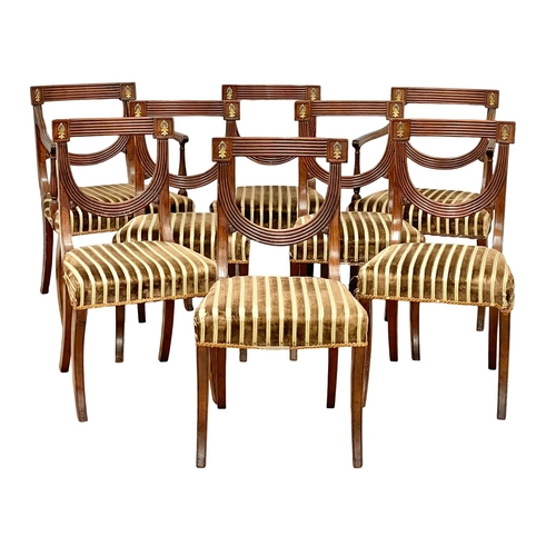 808 - A set of 8 good quality late Regency mahogany dining chairs with Reeded Splat backs and brass mounts... 